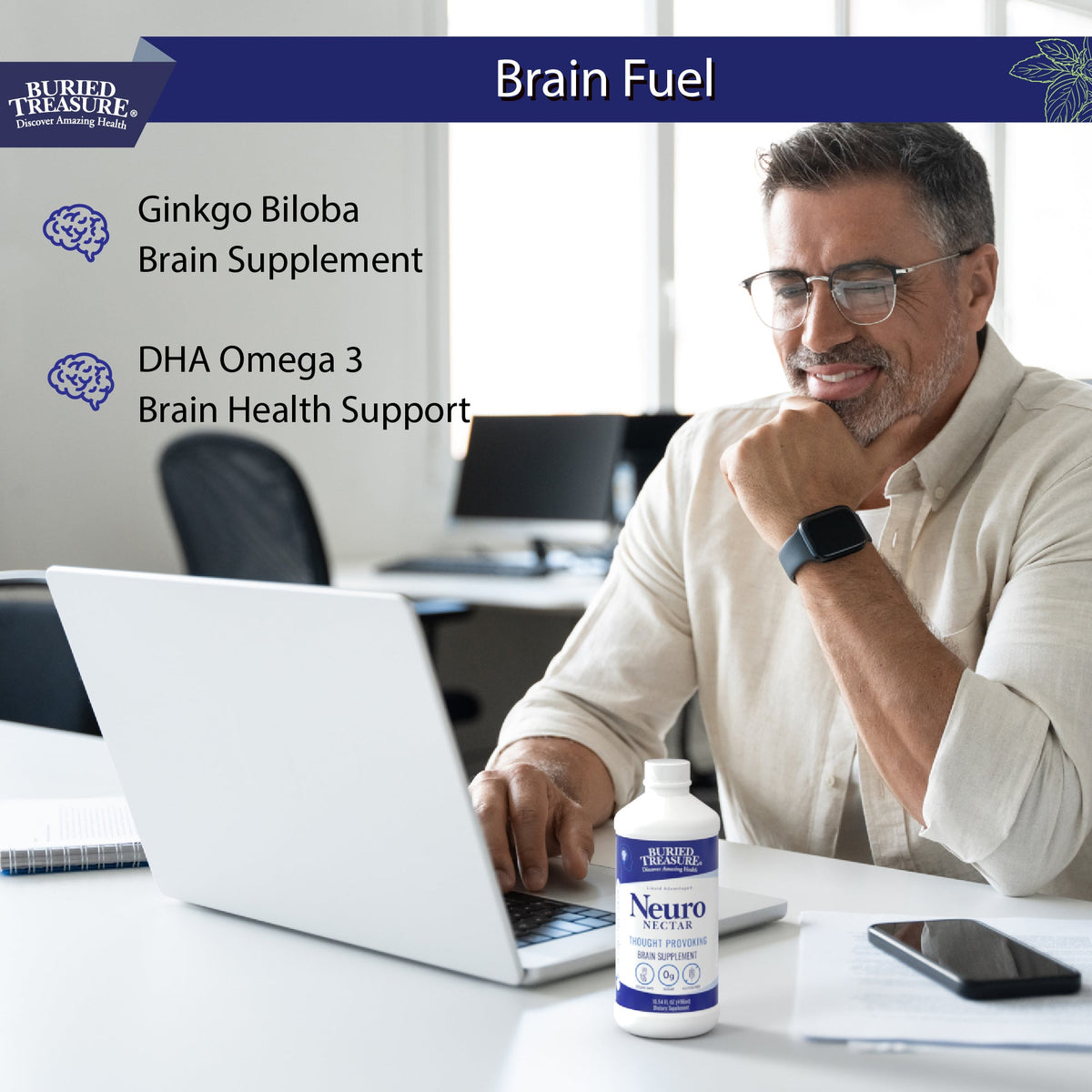 Neuro Nectar Brain Support Liquid | Focus, Memory & Mental Clarity | B12, DHA & Ginkgo | 16 oz