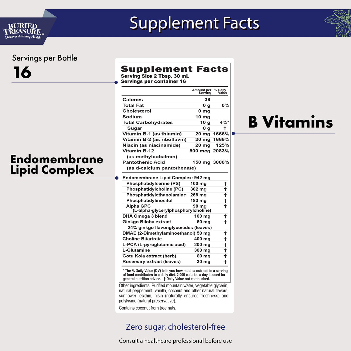 Neuro Nectar Brain Support Liquid | Focus, Memory & Mental Clarity | B12, DHA & Ginkgo | 16 oz