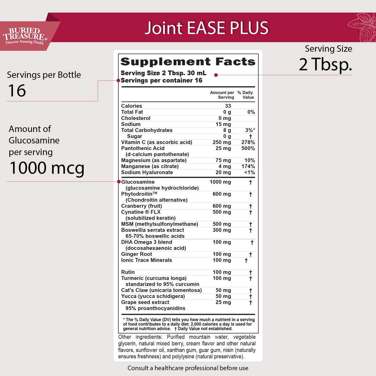 Joint Ease Plus Liquid | Glucosamine, MSM, Turmeric & Collagen Support | 16 fl oz