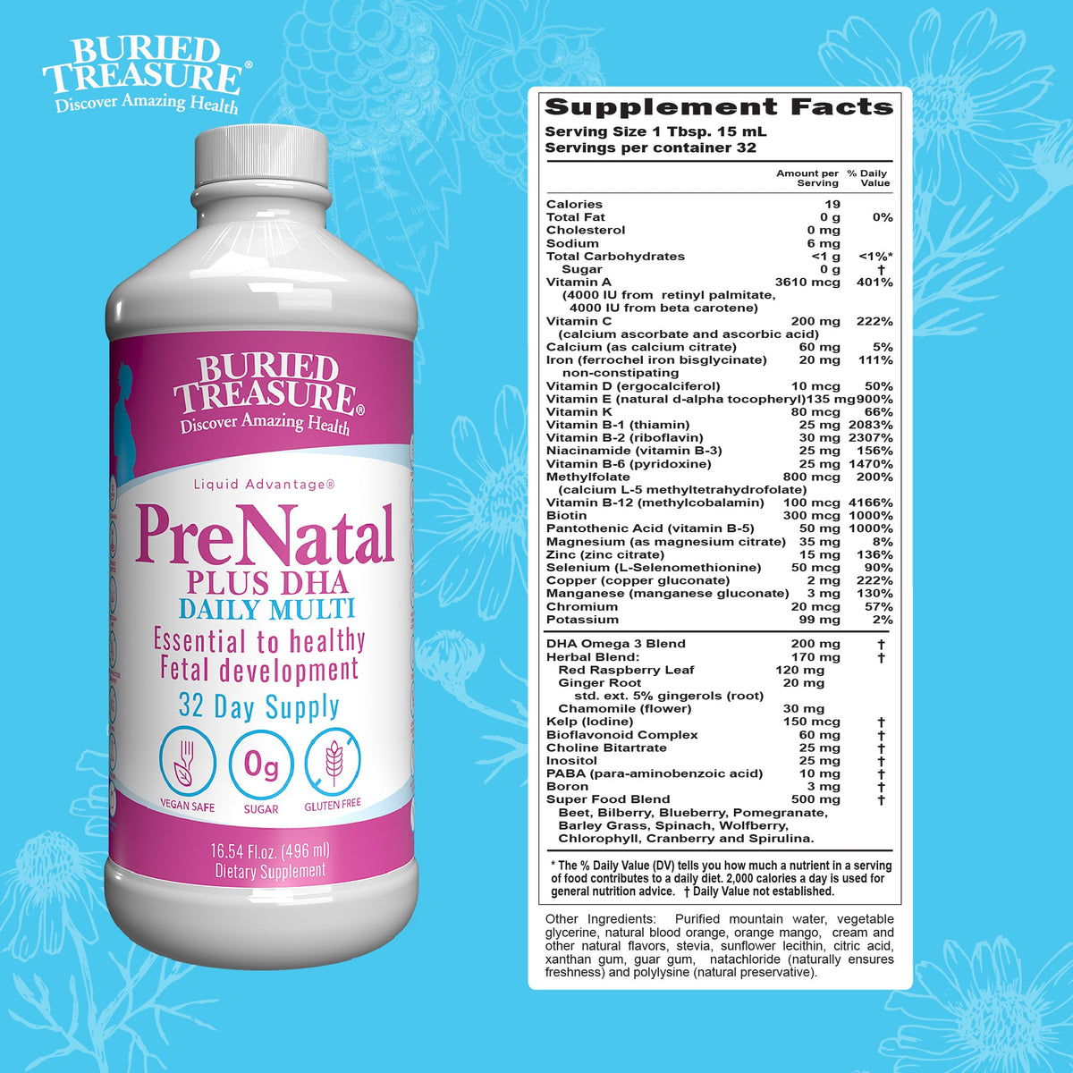 Prenatal Plus DHA Daily Liquid Multivitamin | 200mg DHA, Folate & 20+ Nutrients | Vegetarian | 16 Servings